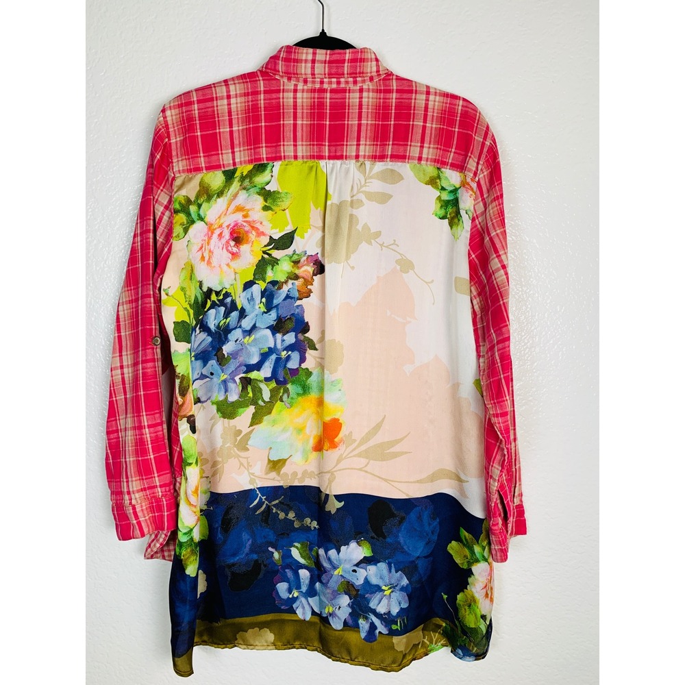 Soft Surroundings Shirt Women L Pink Plaid Floral Mixed Media Boho Tunic 29286